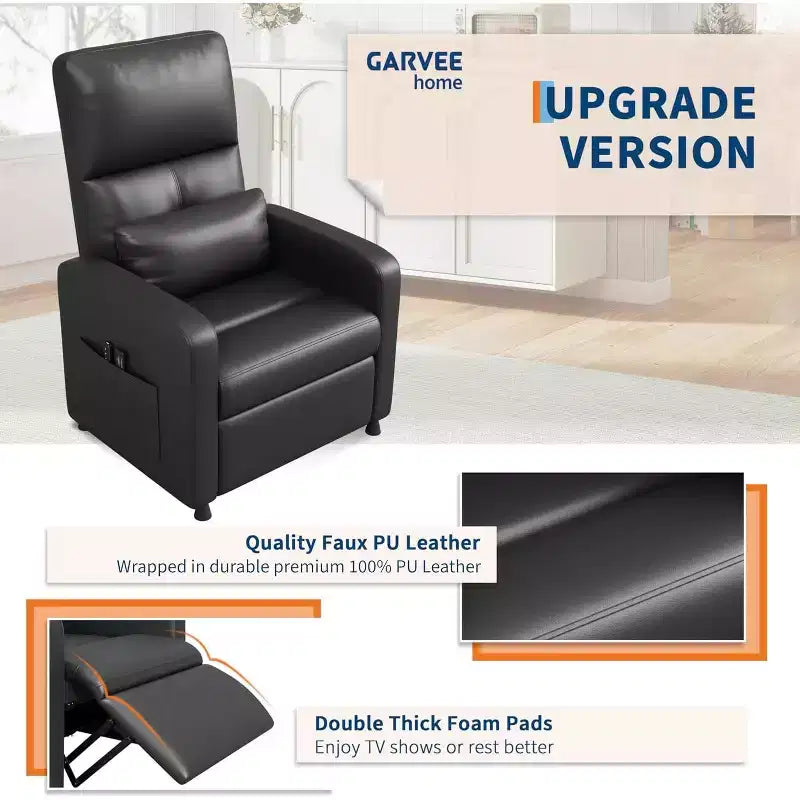 Fauteuil inclinable, Fauteuil Inclinable Ergonomique Rembourré en Cuir PU pour Salon, Dossier Haut, Siège Rembourré, 2 Poches Latérales