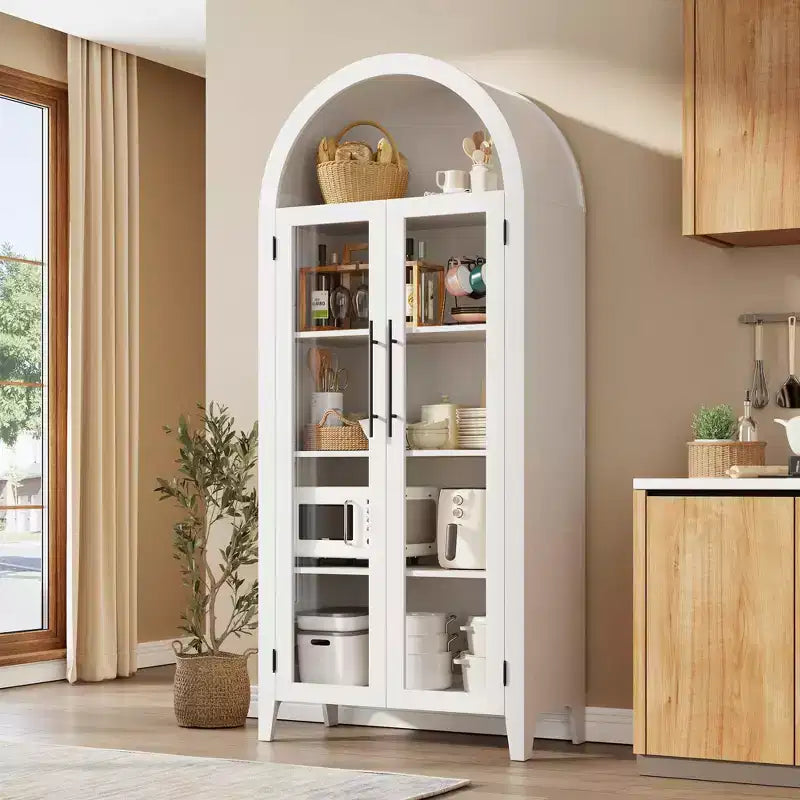 Arched Kitchen Pantry Cabinet - Farmhouse 5 Tier Display Shelf with Adjustable Shelf and 2 Large Glass Doors, Versatile Storage Cupboard for Kitchen
