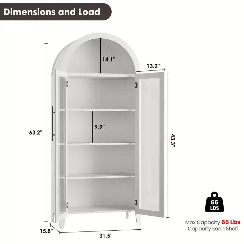 Armoire de cuisine arquée - Étagère de présentation de style ferme à 5 niveaux avec étagère réglable et 2 grandes portes en verre, meuble de rangement polyvalent pour la cuisine