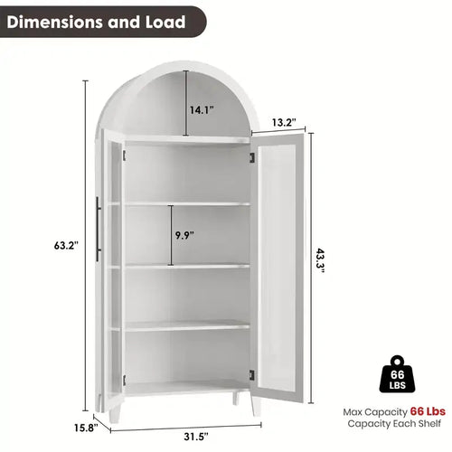 Armoire de cuisine arquée - Étagère de présentation de style ferme à 5 niveaux avec étagère réglable et 2 grandes portes en verre, meuble de rangement polyvalent pour la cuisine