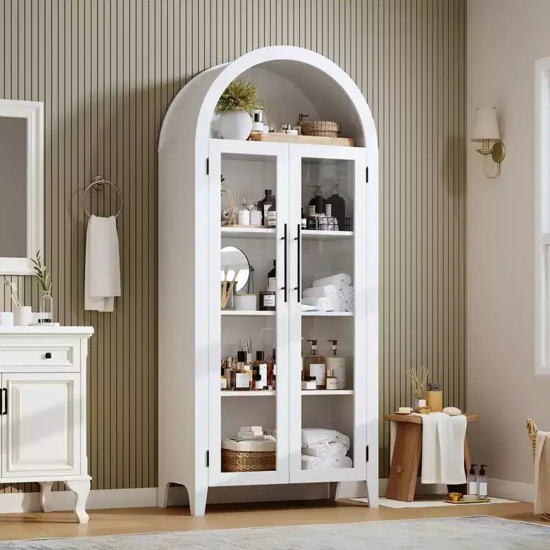 Armoire de cuisine arquée - Étagère de présentation de style ferme à 5 niveaux avec étagère réglable et 2 grandes portes en verre, meuble de rangement polyvalent pour la cuisine