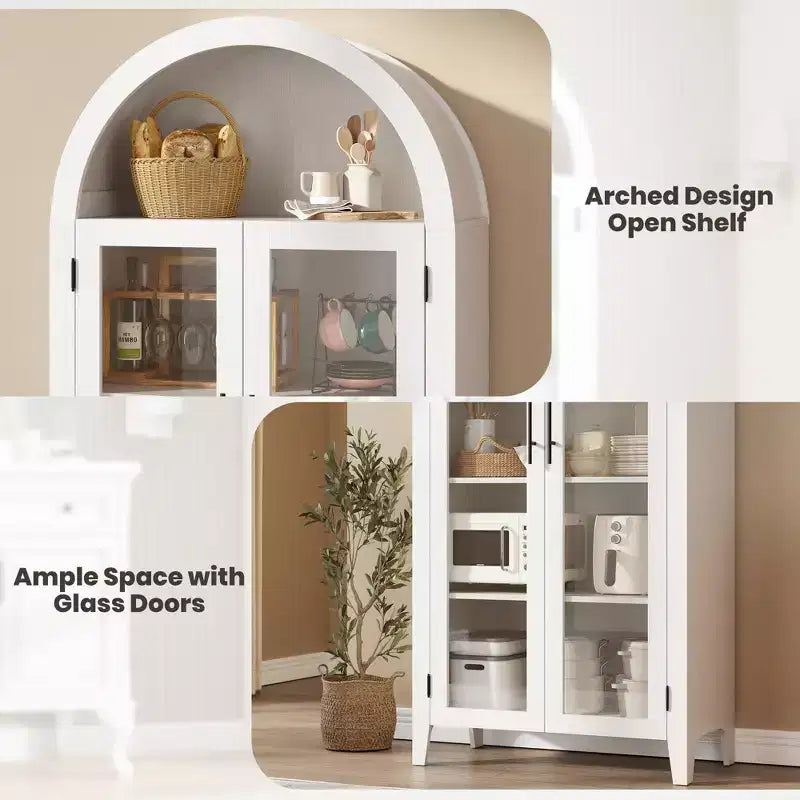 Armoire de cuisine arquée - Étagère de présentation de style ferme à 5 niveaux avec étagère réglable et 2 grandes portes en verre, meuble de rangement polyvalent pour la cuisine