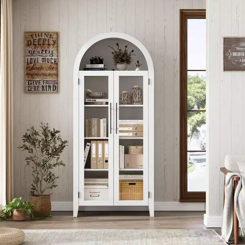 Armoire de cuisine arquée - Étagère de présentation de style ferme à 5 niveaux avec étagère réglable et 2 grandes portes en verre, meuble de rangement polyvalent pour la cuisine