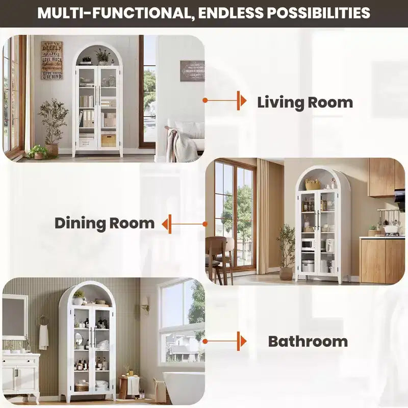 Armoire de cuisine arquée - Étagère de présentation de style ferme à 5 niveaux avec étagère réglable et 2 grandes portes en verre, meuble de rangement polyvalent pour la cuisine