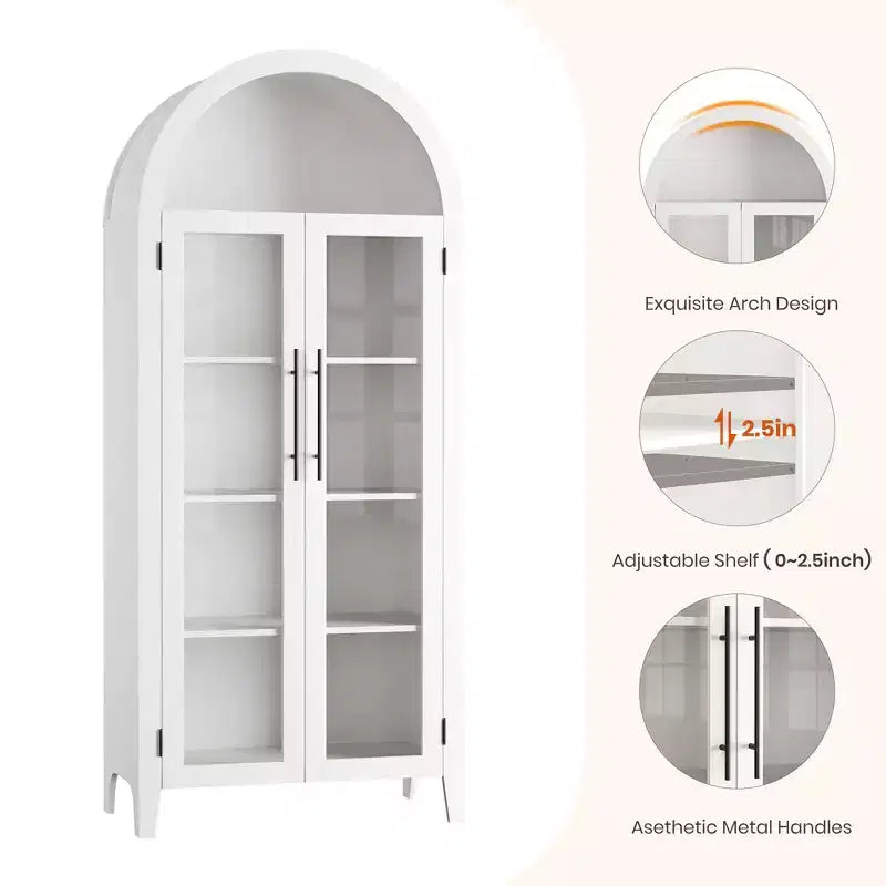 Armoire de cuisine arquée - Étagère de présentation de style ferme à 5 niveaux avec étagère réglable et 2 grandes portes en verre, meuble de rangement polyvalent pour la cuisine