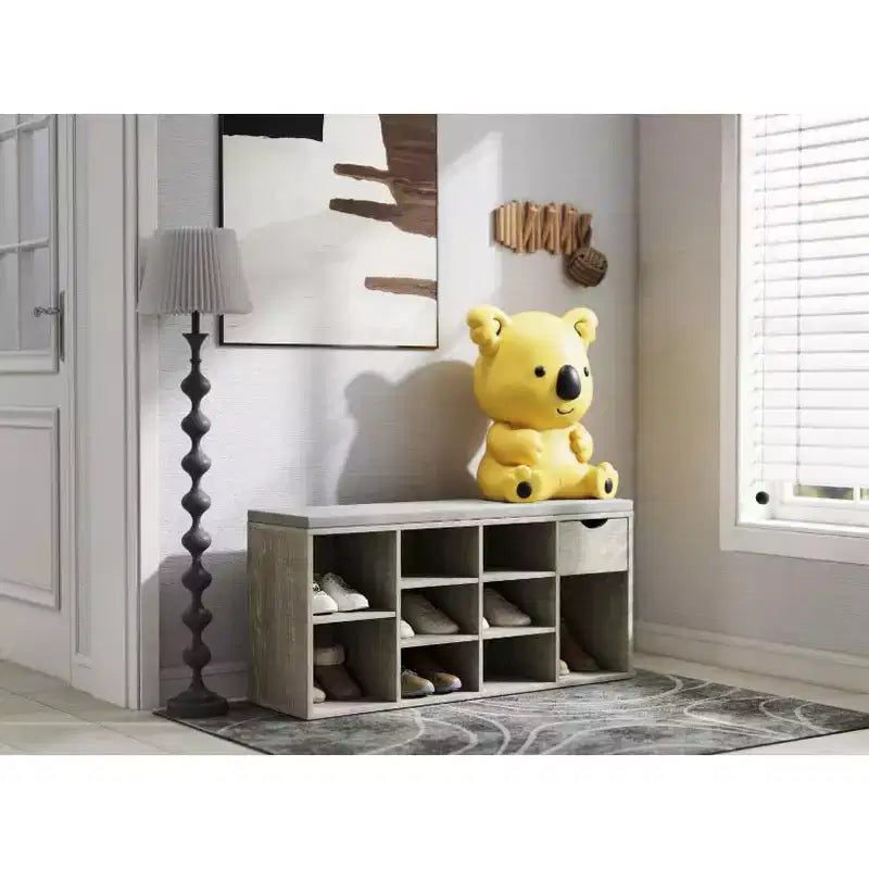 Shoe Bench with Drawer and 11 Cubbies, Entryway Storage Organizer Cabinet, Adjustable Shelf Cubby Shoe Rack for Living Room, Mudroom, Closet, Garage
