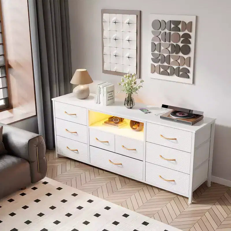 White 9 Drawer Dresser TV Stand for 65 Inch TV with Charging Station LED Lights Media Console 55 Inch Wide Bedroom Storage Chest Entertainment Unit