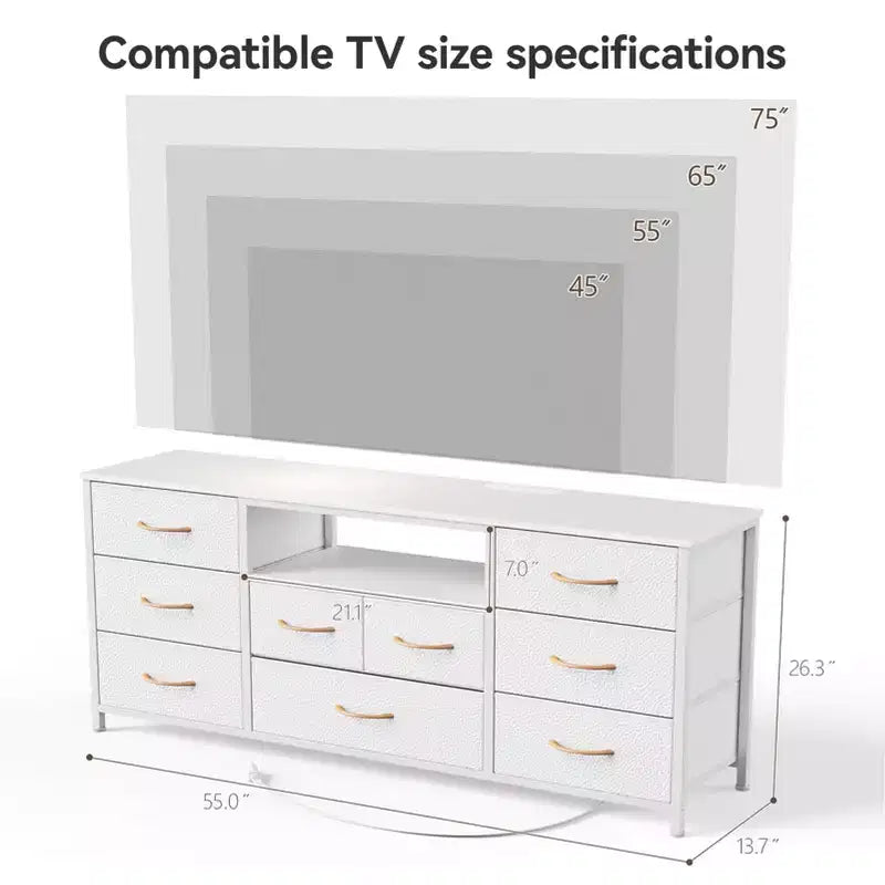 Commode Blanche à 9 Tiroirs Meuble TV pour Téléviseur de 65 Pouces avec Station de Recharge Lumières LED Console Multimédia Unité de Rangement de Chambre à Coucher de 55 Pouces de Large