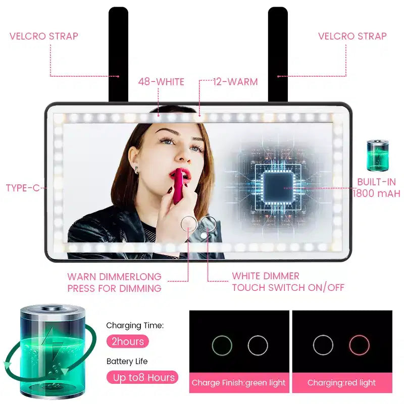 Miroir de courtoisie de voiture avec éclairage LED tactile, miroir de maquillage en aluminium noir, ajustement universel pour pare-soleil côté passager