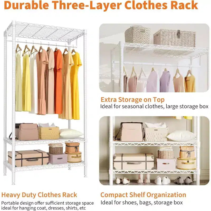 Portant à vêtements en métal robuste avec étagères, organisateur de vêtements réglable et tringle de suspension, rangement de placard autoportant pour chambre à coucher, dortoir