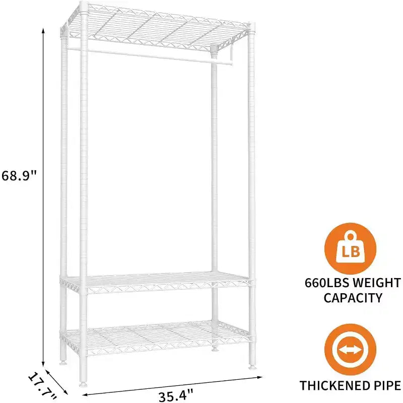 Portant à vêtements en métal robuste avec étagères, organisateur de vêtements réglable et tringle de suspension, rangement de placard autoportant pour chambre à coucher, dortoir