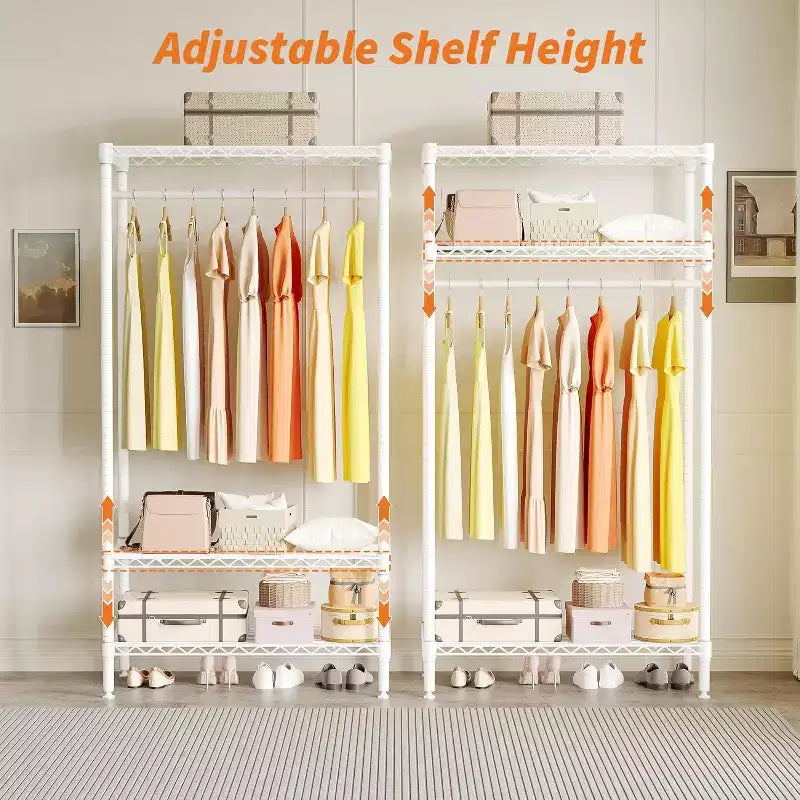 Portant à vêtements en métal robuste avec étagères, organisateur de vêtements réglable et tringle de suspension, rangement de placard autoportant pour chambre à coucher, dortoir