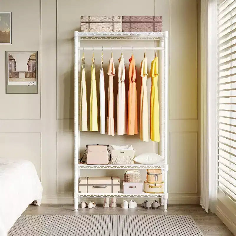 Portant à vêtements en métal robuste avec étagères, organisateur de vêtements réglable et tringle de suspension, rangement de placard autoportant pour chambre à coucher, dortoir