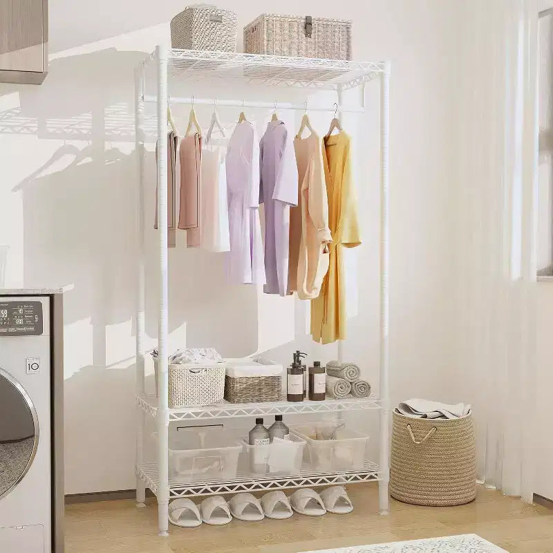 Portant à vêtements en métal robuste avec étagères, organisateur de vêtements réglable et tringle de suspension, rangement de placard autoportant pour chambre à coucher, dortoir