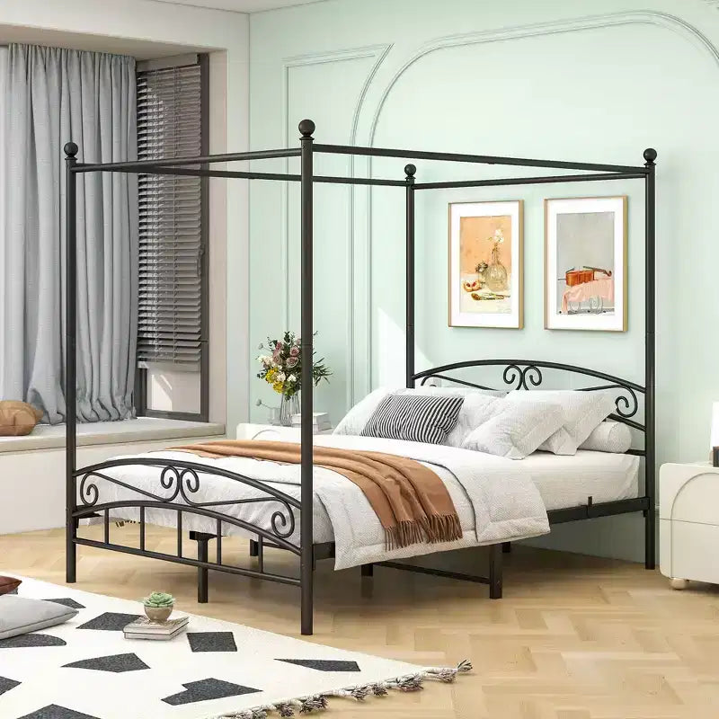 MAYEERTY Queen Size Metal Canopy Bed Frame with Vintage Headboard & Footboard, Noise-Free for Bedroom