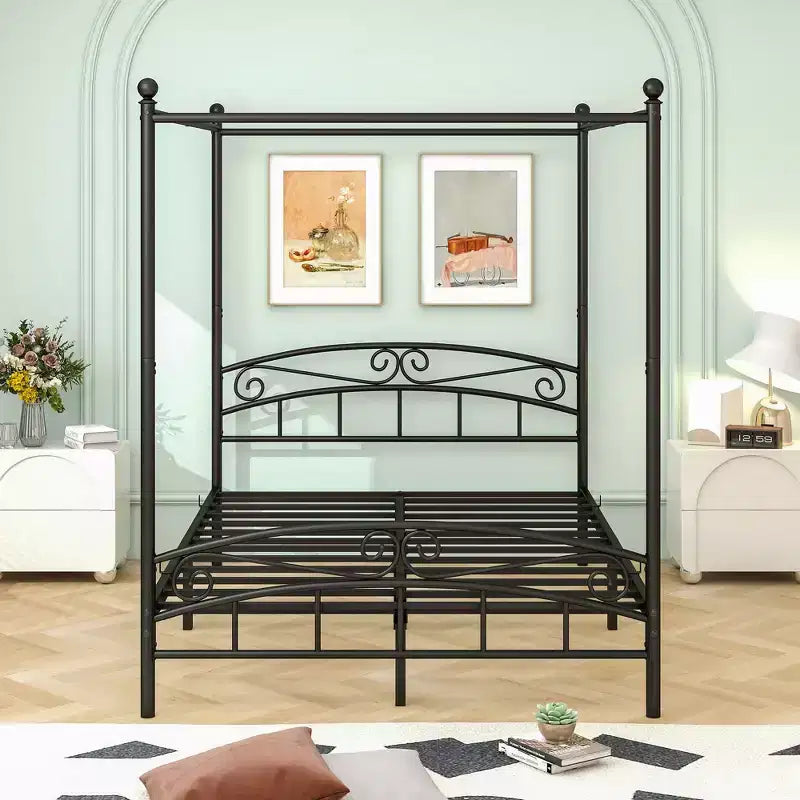 Cadre de lit en métal Queen Size avec baldaquin, tête et pied de lit vintage, silencieux pour chambre à coucher