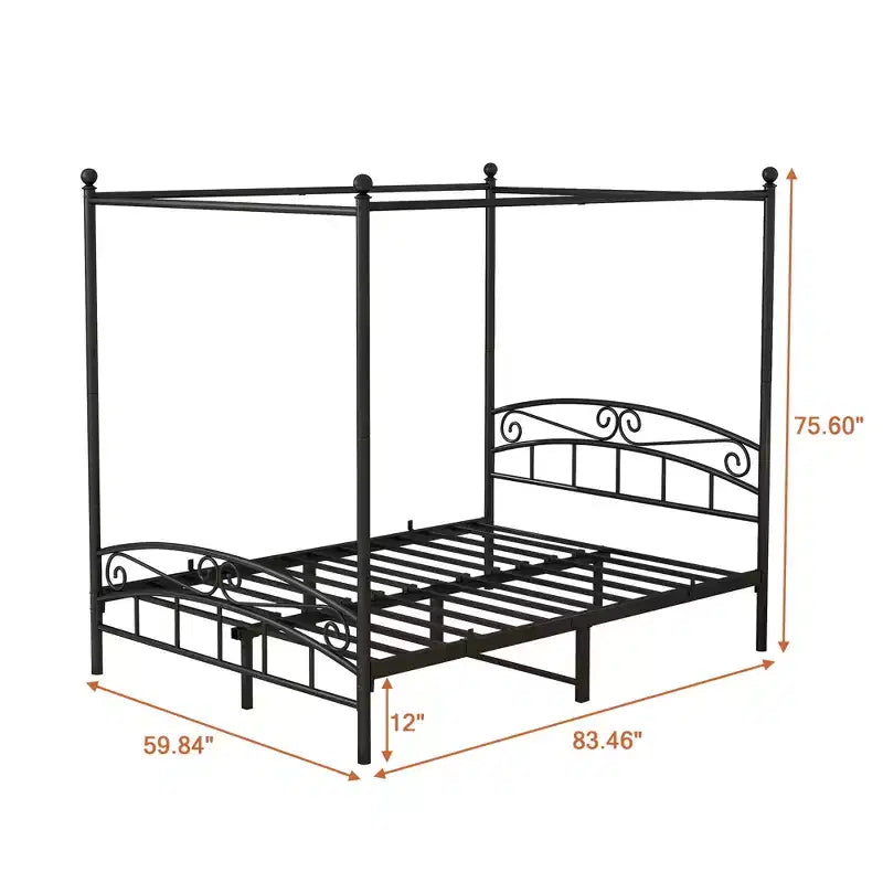 Cadre de lit en métal Queen Size avec baldaquin, tête et pied de lit vintage, silencieux pour chambre à coucher