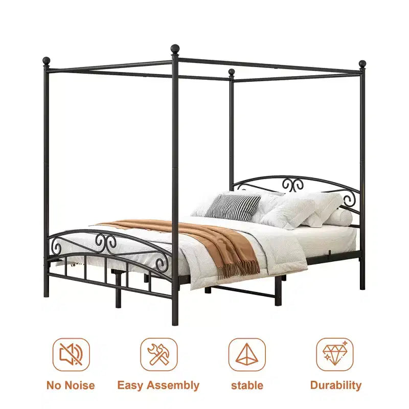 Cadre de lit en métal Queen Size avec baldaquin, tête et pied de lit vintage, silencieux pour chambre à coucher