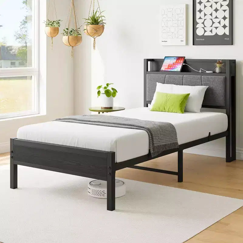 MAYEERTY Twin Size Bed Frame with Storage Headboard & Charging Station, No Box Spring Needed for Bedroom