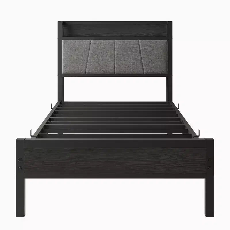 Cadre de lit double avec tête de lit de rangement et station de recharge, pas besoin de sommier tapissier pour chambre à coucher