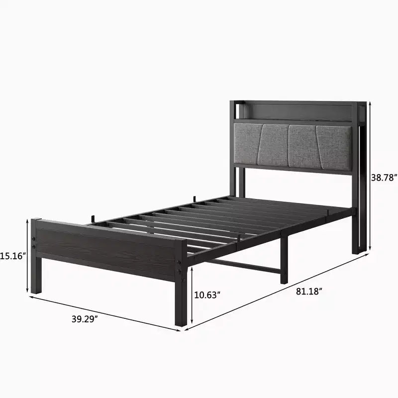 Cadre de lit double avec tête de lit de rangement et station de recharge, pas besoin de sommier tapissier pour chambre à coucher