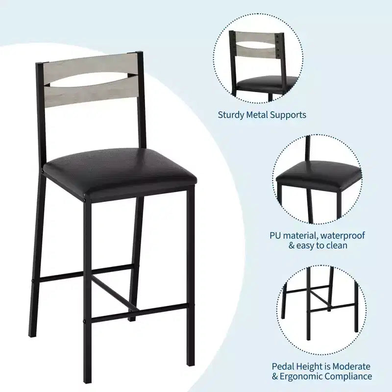 Ensemble de table de cuisine 3 pièces avec étagères de rangement et 2 chaises rembourrées - Table à manger en fer et bois pour petits espaces, appartements, copropriétés