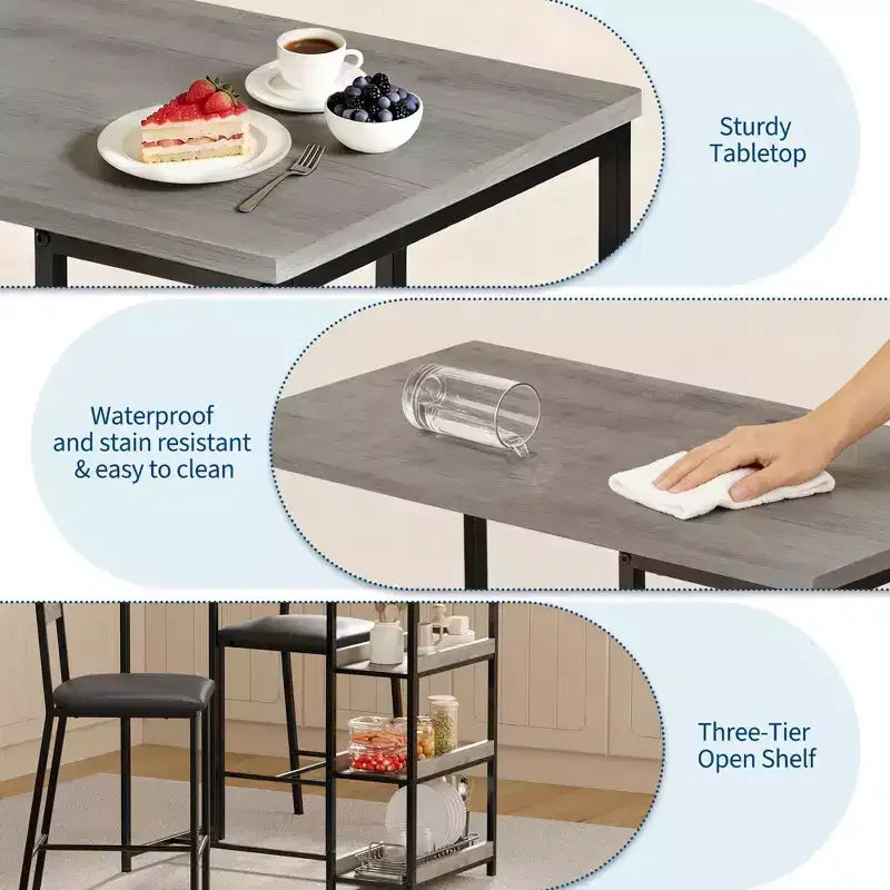 Ensemble de table de cuisine 3 pièces avec étagères de rangement et 2 chaises rembourrées - Table à manger en fer et bois pour petits espaces, appartements, copropriétés