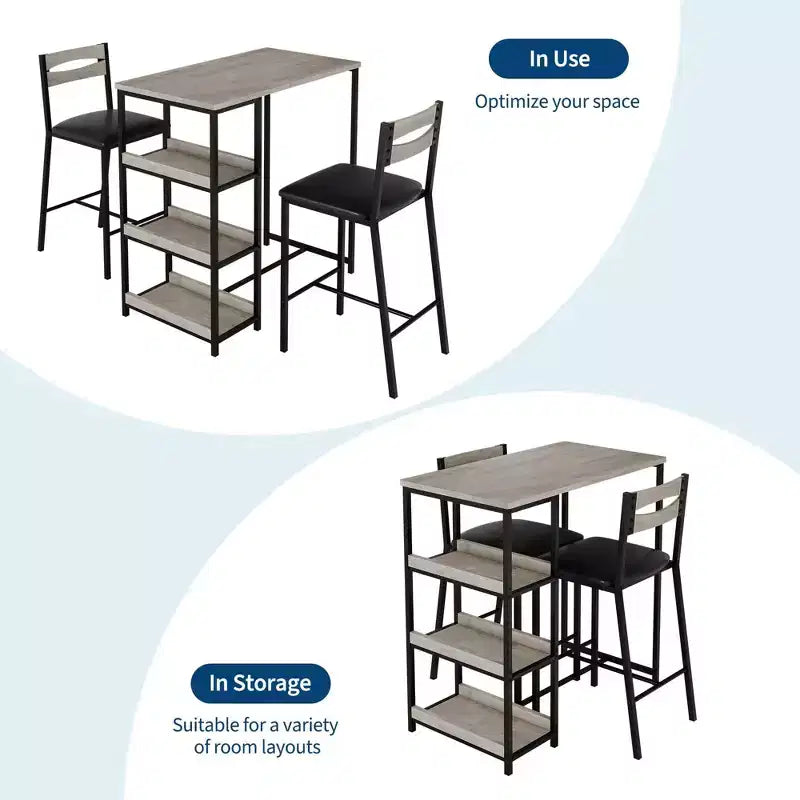 Ensemble de table de cuisine 3 pièces avec étagères de rangement et 2 chaises rembourrées - Table à manger en fer et bois pour petits espaces, appartements, copropriétés