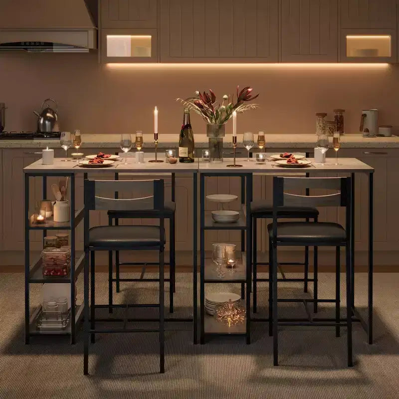 Ensemble de table de cuisine 3 pièces avec étagères de rangement et 2 chaises rembourrées - Table à manger en fer et bois pour petits espaces, appartements, copropriétés