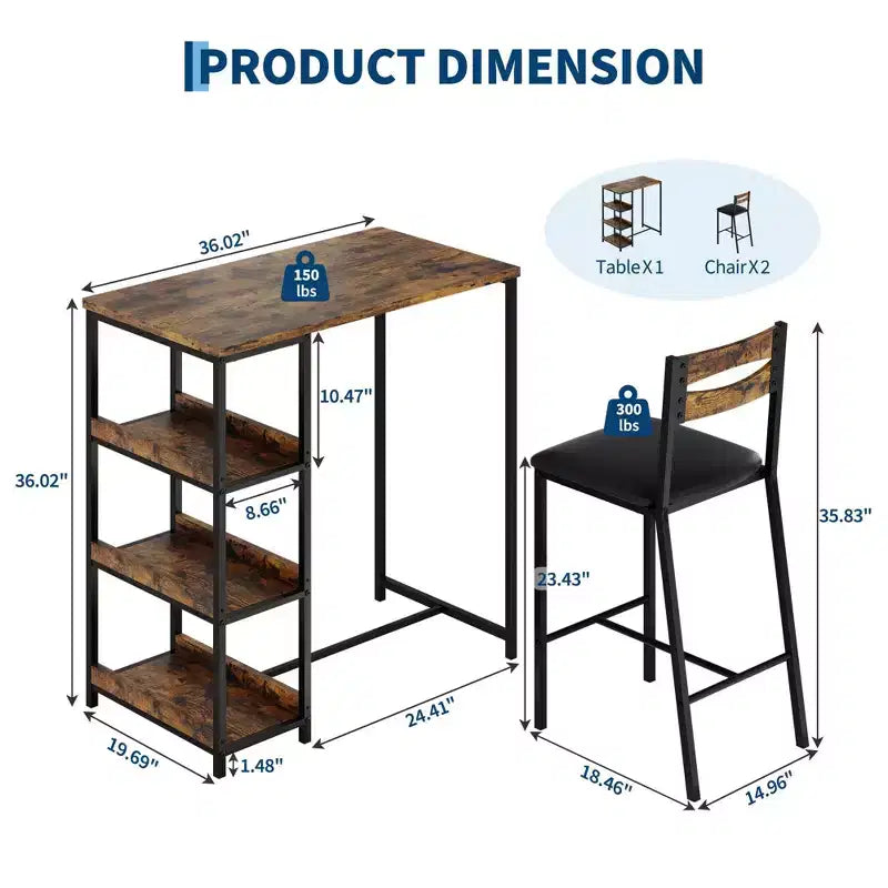 Ensemble de table de cuisine 3 pièces avec étagères de rangement et 2 chaises rembourrées - Table à manger en fer et bois pour petits espaces, appartements, copropriétés