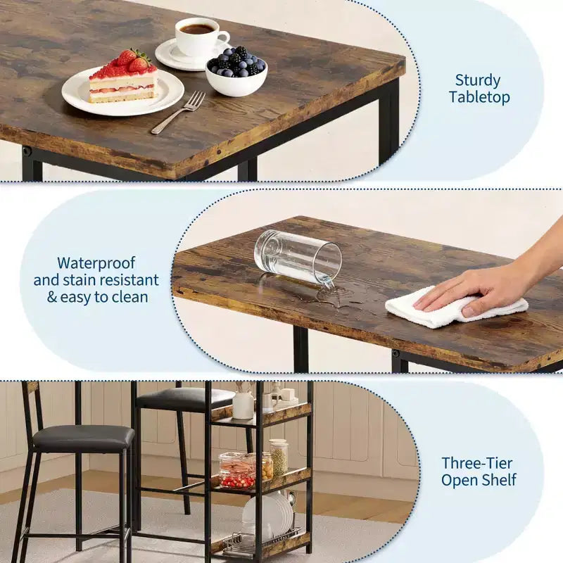 Ensemble de table de cuisine 3 pièces avec étagères de rangement et 2 chaises rembourrées - Table à manger en fer et bois pour petits espaces, appartements, copropriétés