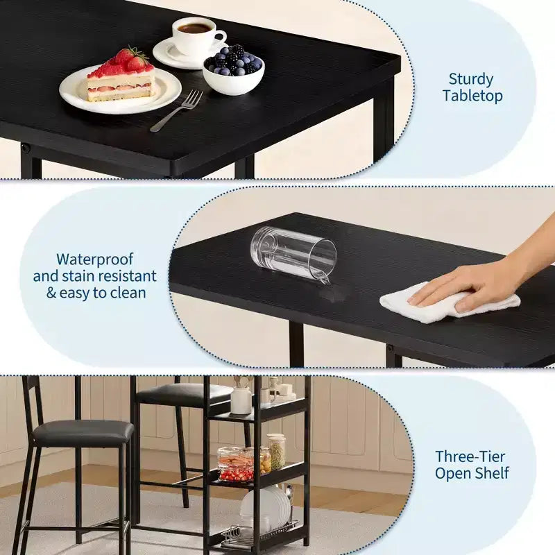 Ensemble de table de cuisine 3 pièces avec étagères de rangement et 2 chaises rembourrées - Table à manger en fer et bois pour petits espaces, appartements, copropriétés