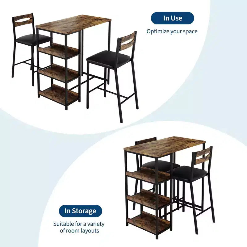 Ensemble de table de cuisine 3 pièces avec étagères de rangement et 2 chaises rembourrées - Table à manger en fer et bois pour petits espaces, appartements, copropriétés