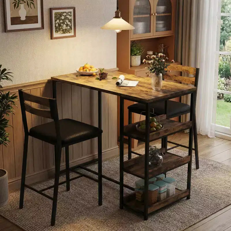 Ensemble de table de cuisine 3 pièces avec étagères de rangement et 2 chaises rembourrées - Table à manger en fer et bois pour petits espaces, appartements, copropriétés