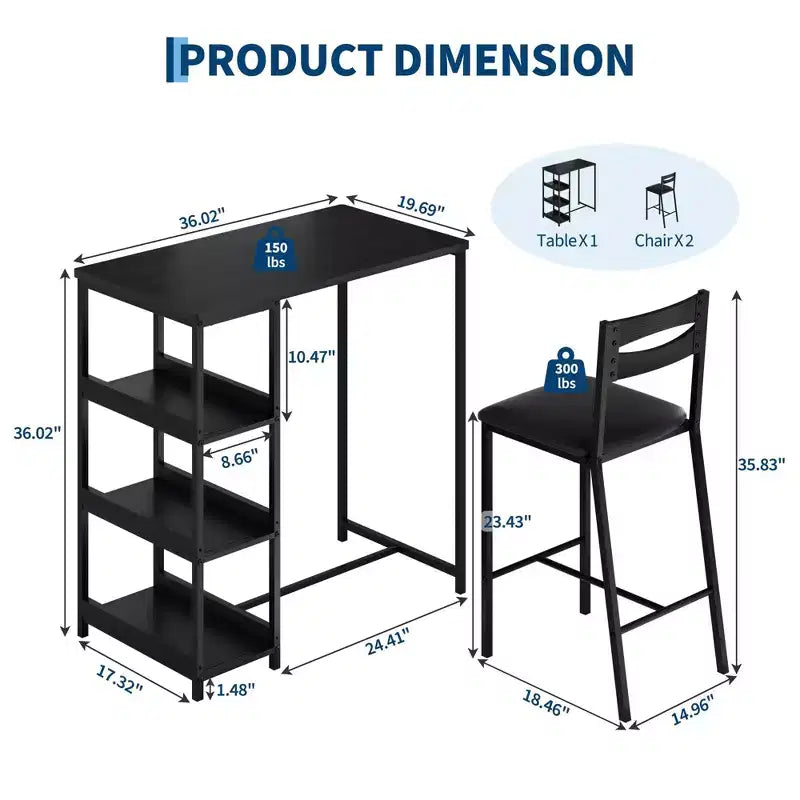 Ensemble de table de cuisine 3 pièces avec étagères de rangement et 2 chaises rembourrées - Table à manger en fer et bois pour petits espaces, appartements, copropriétés
