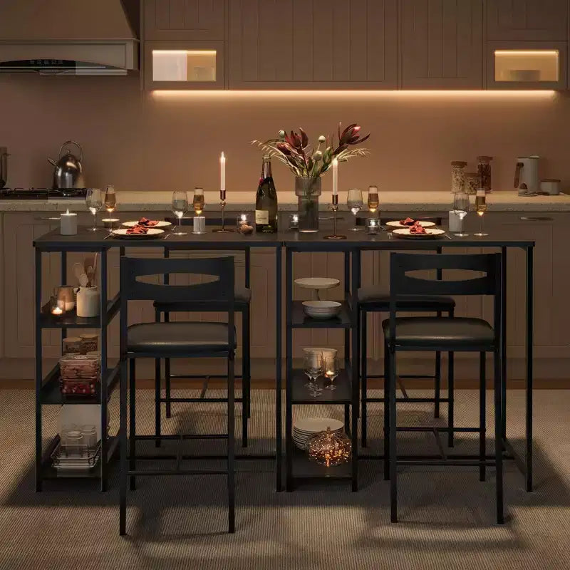 Ensemble de table de cuisine 3 pièces avec étagères de rangement et 2 chaises rembourrées - Table à manger en fer et bois pour petits espaces, appartements, copropriétés