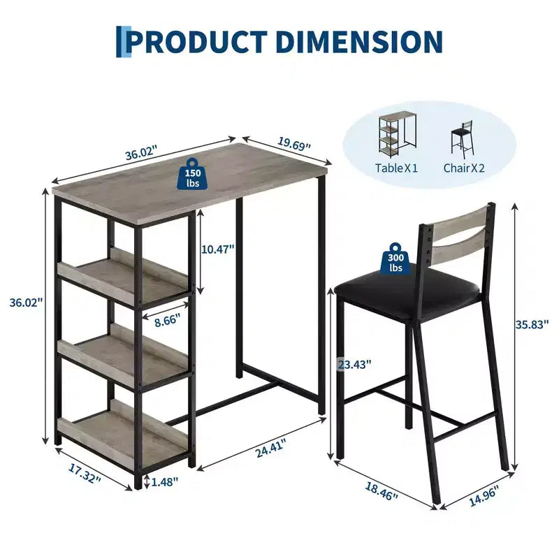 Ensemble de table de cuisine 3 pièces avec étagères de rangement et 2 chaises rembourrées - Table à manger en fer et bois pour petits espaces, appartements, copropriétés