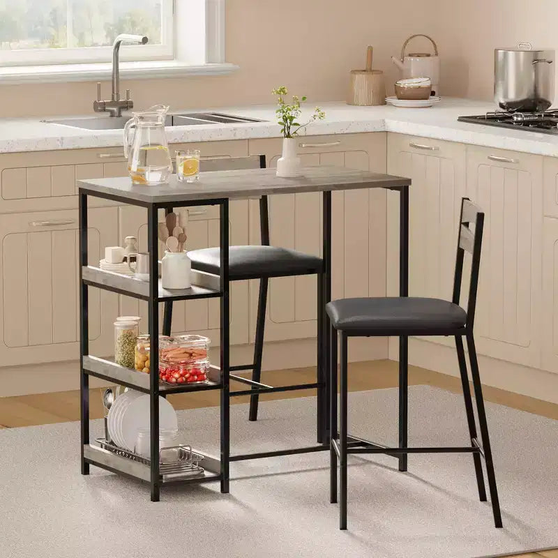 Ensemble de table de cuisine 3 pièces avec étagères de rangement et 2 chaises rembourrées - Table à manger en fer et bois pour petits espaces, appartements, copropriétés