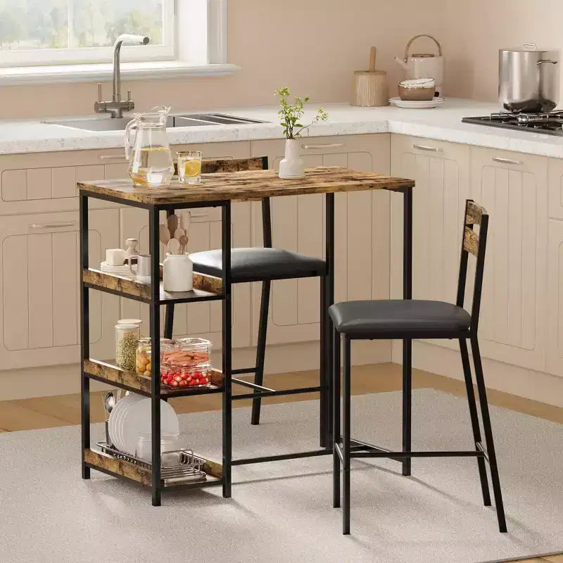 Ensemble de table de cuisine 3 pièces avec étagères de rangement et 2 chaises rembourrées - Table à manger en fer et bois pour petits espaces, appartements, copropriétés