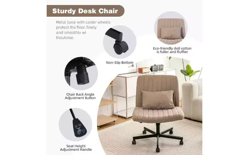 Chaise de bureau moderne en lin pivotante à dossier croisé, chaise de bureau ergonomique, chaise de bureau réglable en hauteur, chaise polyvalente sans accoudoirs avec roulettes