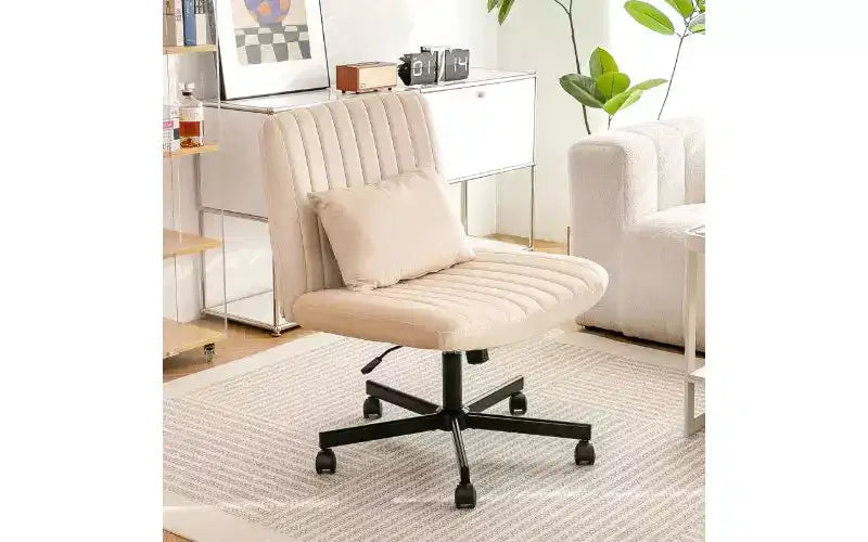 Chaise de bureau moderne en lin pivotante à dossier croisé, chaise de bureau ergonomique, chaise de bureau réglable en hauteur, chaise polyvalente sans accoudoirs avec roulettes