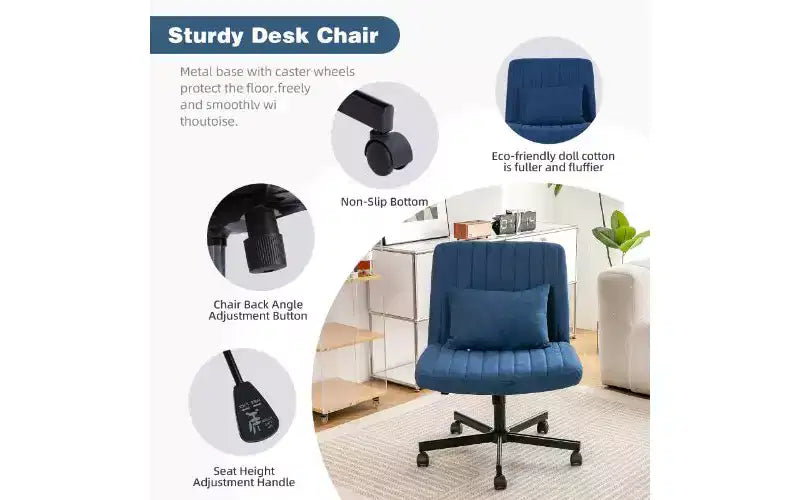 Chaise de bureau moderne en lin pivotante à dossier croisé, chaise de bureau ergonomique, chaise de bureau réglable en hauteur, chaise polyvalente sans accoudoirs avec roulettes