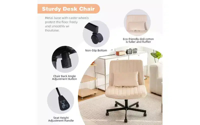 Chaise de bureau moderne en lin pivotante à dossier croisé, chaise de bureau ergonomique, chaise de bureau réglable en hauteur, chaise polyvalente sans accoudoirs avec roulettes