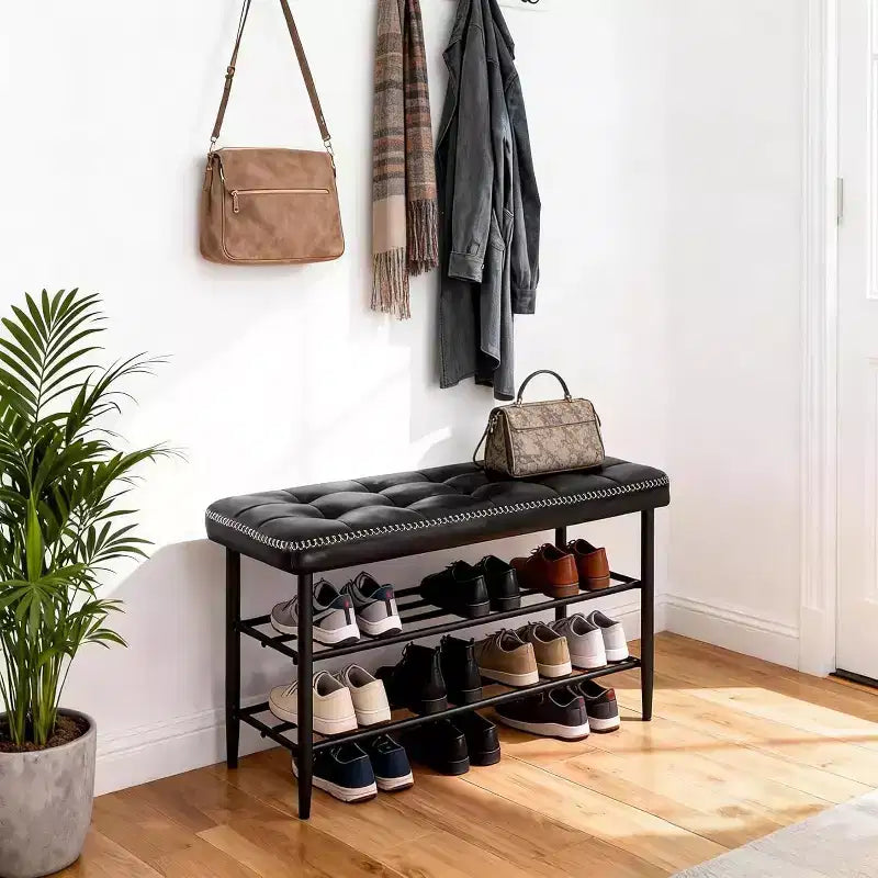 Mid-Century Modern 3-Tier Shoe Rack Bench with Cushion  Storage Organizer  300 lb Capacity Seating  Waxy Black Leather, Oil Wax Black