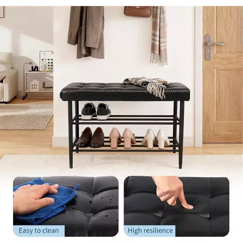 Banc porte-chaussures à 3 niveaux style Mid-Century Modern avec coussin de rangement, capacité de 300 lb, assise en cuir noir ciré, noir huilé