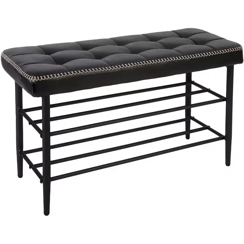 Banc porte-chaussures à 3 niveaux style Mid-Century Modern avec coussin de rangement, capacité de 300 lb, assise en cuir noir ciré, noir huilé
