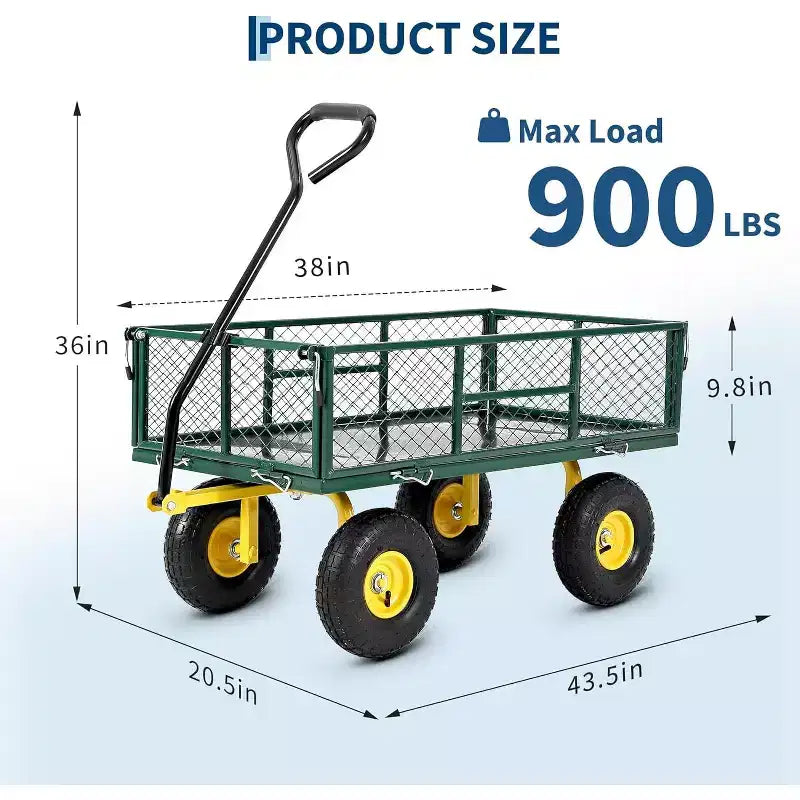Chariot de jardin robuste en acier de 900 livres, Chariot de jardin sur roues, Chariot utilitaire extérieur en métal avec côtés amovibles en maille