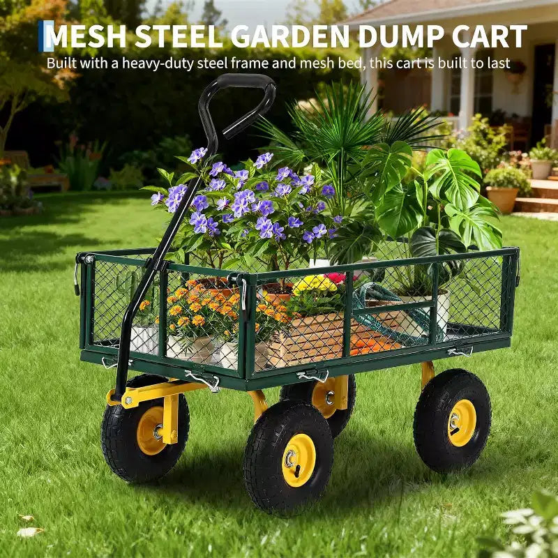 Chariot de jardin robuste en acier de 900 livres, Chariot de jardin sur roues, Chariot utilitaire extérieur en métal avec côtés amovibles en maille