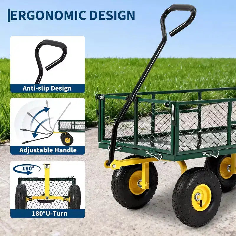 Chariot de jardin robuste en acier de 900 livres, Chariot de jardin sur roues, Chariot utilitaire extérieur en métal avec côtés amovibles en maille