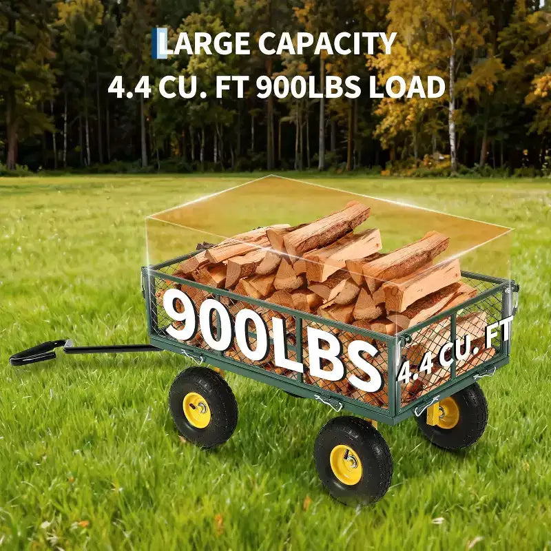 Chariot de jardin robuste en acier de 900 livres, Chariot de jardin sur roues, Chariot utilitaire extérieur en métal avec côtés amovibles en maille